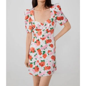 Zara Retro White with Red Pink Roses Floral & Polka Dot Satin Puff Sleeve Dress